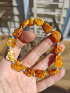 Natural Amber Nugget Stretch Bracelet with Turquoise Beads